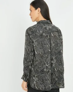 Chemise satinée Ciara feuilles noire