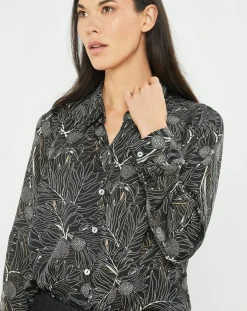 Chemise satinée Ciara feuilles noire