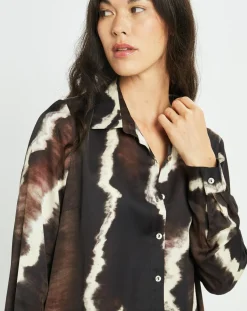 Chemise satinée Plume imprimée café