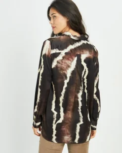 Chemise satinée Plume imprimée café