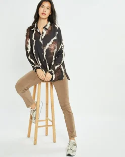 Chemise satinée Plume imprimée café