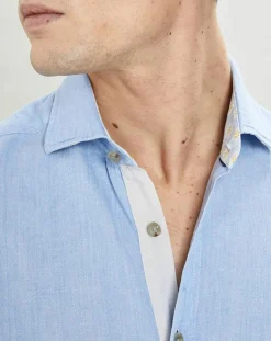 Chemise Slim Fit coton façon lin Yoke Mosaïque bleu ciel