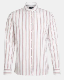 Chemise Slim Fit en Coton & Lin Washed à rayures écru/bordeaux