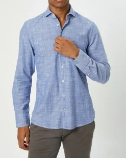 Chemise slim fit rayures & broderies shaped fit bleue