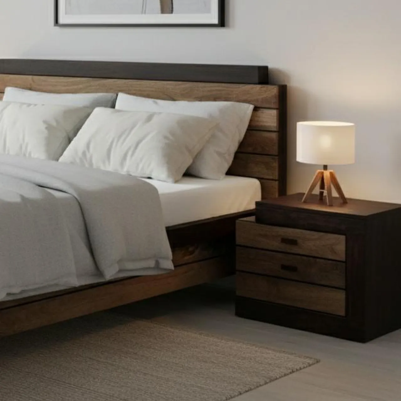 Chevet bois bicolore - débord gauche Naturel - 54x38x42 cm