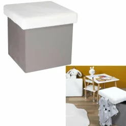 Coffre Pouf pliable imitation fourrure Leo gris - 38x38x38 cm