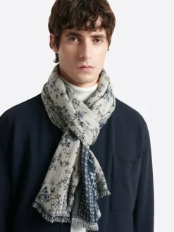 Coffret écharpe fleurie en viscose bleu cobalt - 185x70 cm