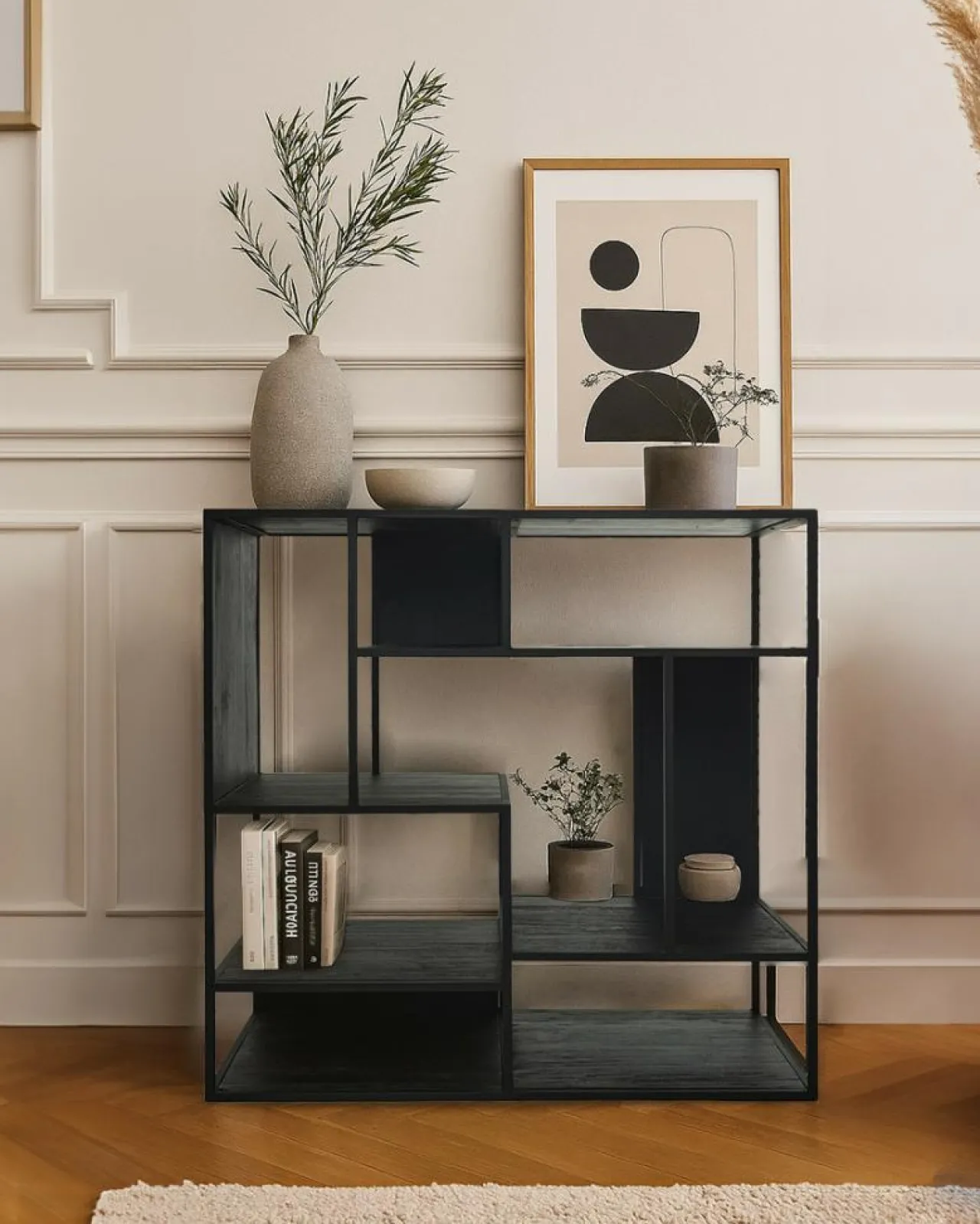 Como - Petite étagère industrielle en teck massif et métal noir