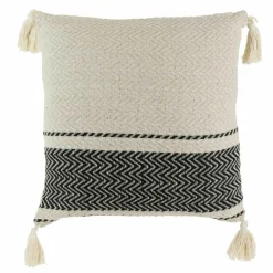 Coussin berbère rayures pompons beige/noir/beige - 40x40 cm