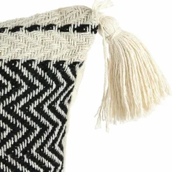 Coussin berbère rayures pompons beige/noir/beige - 40x40 cm