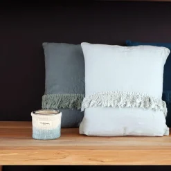 Coussin en lin frangé bleu 35x35cm