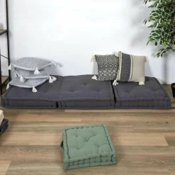 Coussin ethnique pompons beige/noir - 40x40 cm