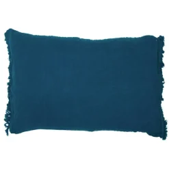 Coussin frangé en lin bleu 50x70cm