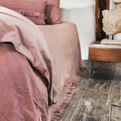 Couvre-lit en lin finitions frangées rose 250x250cm