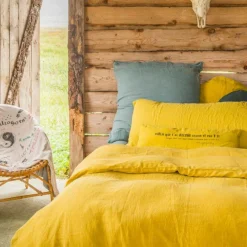 Drap housse en lin lavé jaune 160x200cm