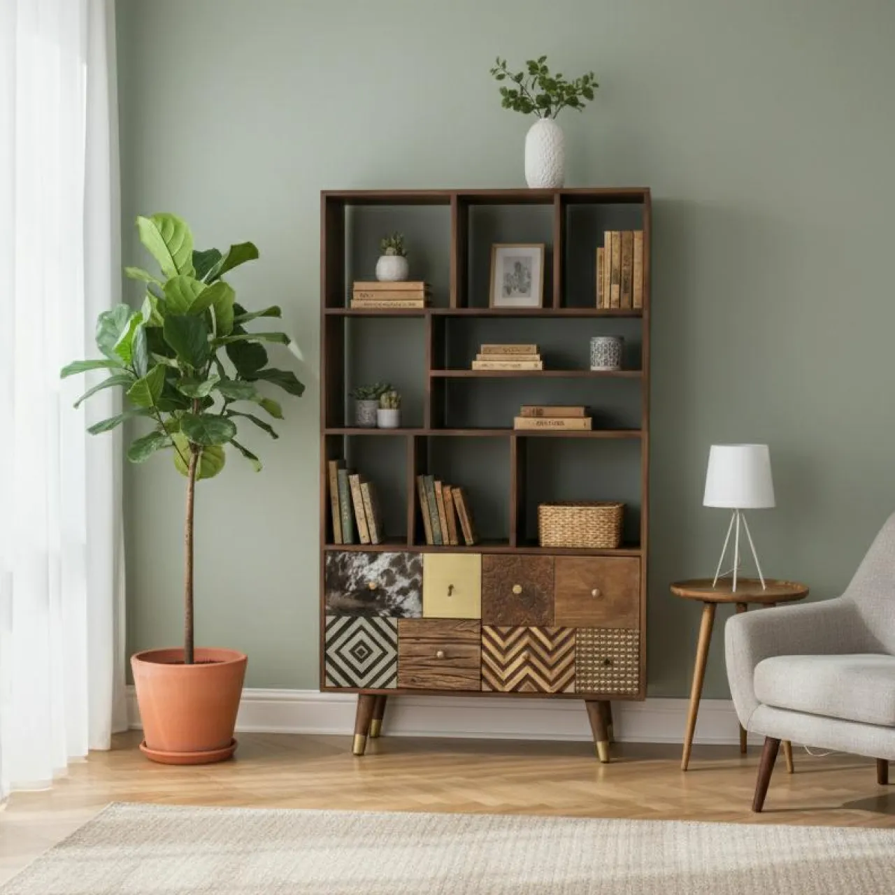 Etagère multi-matériaux peau de vache bois sculpté Naturel - 100x40x175 cm