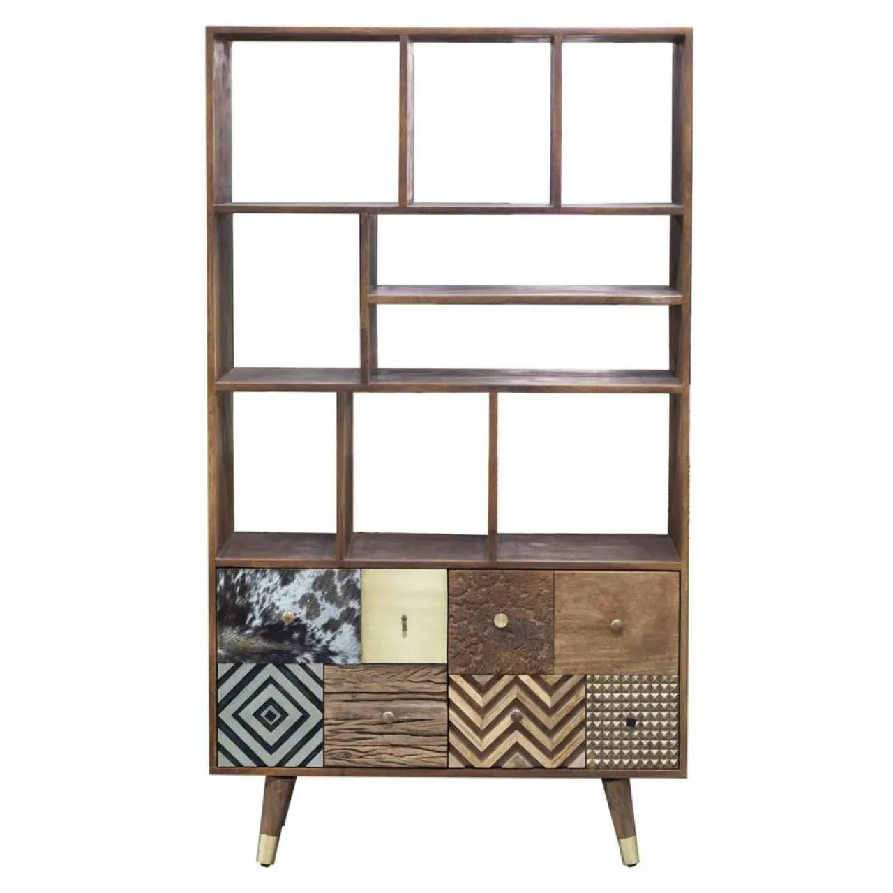 Etagère multi-matériaux peau de vache bois sculpté Naturel - 100x40x175 cm