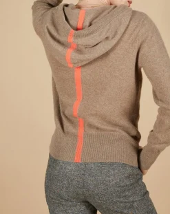 Gilet à capuche 100% Cachemire Blanche châtaigne/corail fluo