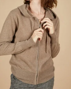 Gilet à capuche 100% Cachemire Blanche châtaigne/corail fluo