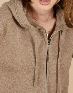 Gilet à capuche 100% Cachemire Blanche châtaigne/corail fluo