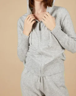 Gilet à capuche 100% Cachemire Blanche gris chiné clair/jaune fluo