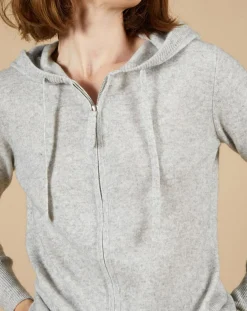 Gilet à capuche 100% Cachemire Blanche gris chiné clair/jaune fluo