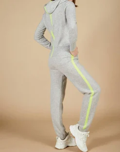 Gilet à capuche 100% Cachemire Blanche gris chiné clair/jaune fluo