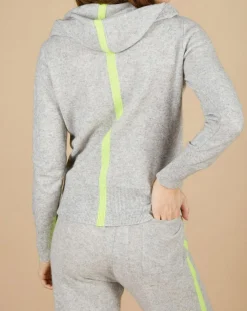 Gilet à capuche 100% Cachemire Blanche gris chiné clair/jaune fluo