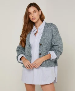 Gilet Arabesque col V chiné bleu