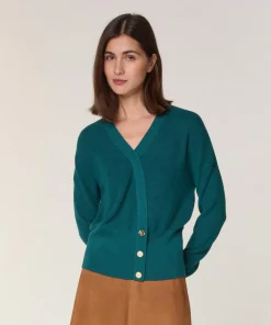 Gilet Carmen 100% laine cache-coeur boutons bleu pétrole