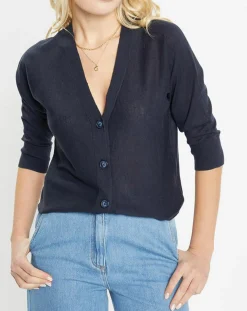 Gilet droit en Lin & Coton Mimosa bleu marine