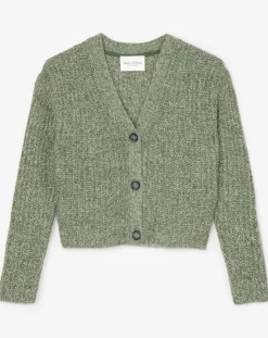 Gilet en Coton, Laine & Alpaga mélangés grosse maille chiné vert foncé