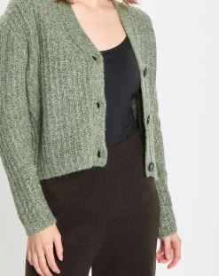Gilet en Coton, Laine & Alpaga mélangés grosse maille chiné vert foncé