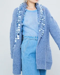 Gilet en Mohair & Laine mélangés Ceinture Pampille bleu