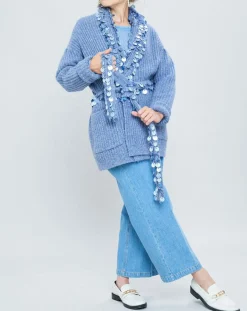 Gilet en Mohair & Laine mélangés Ceinture Pampille bleu