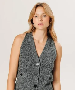 Gilet Esther en Laine & Cachemire boutonne col V sans manches gris chiné