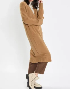 Gilet long à capuche en Laine mélangée camel