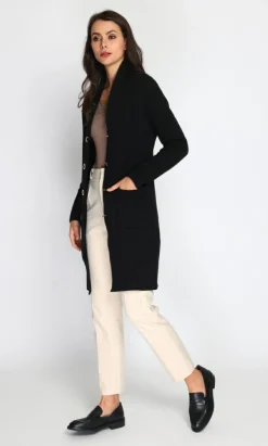 Gilet long en Cachemire mélangé col châle fourré thermique noir