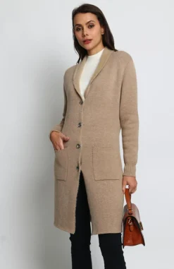 Gilet long en Cachemire mélangé col châle fourré thermique camel