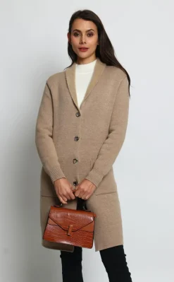 Gilet long en Cachemire mélangé col châle fourré thermique camel