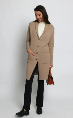 Gilet long en Cachemire mélangé col châle fourré thermique camel