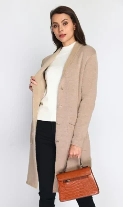 Gilet long en Cachemire mélangé col châle fourré thermique camel