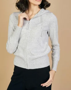 Gilet zippé à capuche en Laine & Cachemire Erica gris chiné clair
