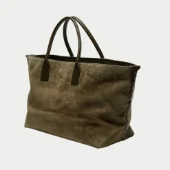 Grand cabas en Velours de Cuir kaki - 33x45x20 cm