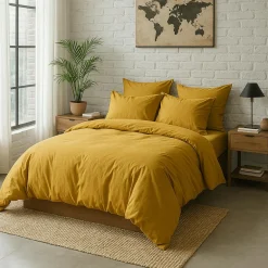 Housse de Couette 100% Percale de Coton - Finition Bouteille 40cm jaune moutarde