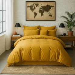 Housse de Couette 100% Percale de Coton - Finition Bouteille 40cm jaune moutarde