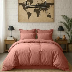 Housse de couette en percale de coton lavé rose poudré