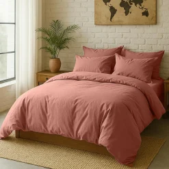 Housse de couette en percale de coton lavé rose poudré