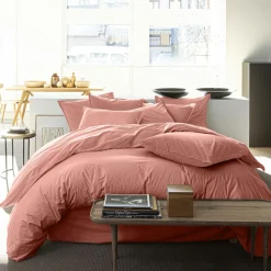 Housse de couette en percale de coton lavé rose poudré