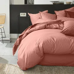 Housse de couette en percale de coton lavé rose poudré